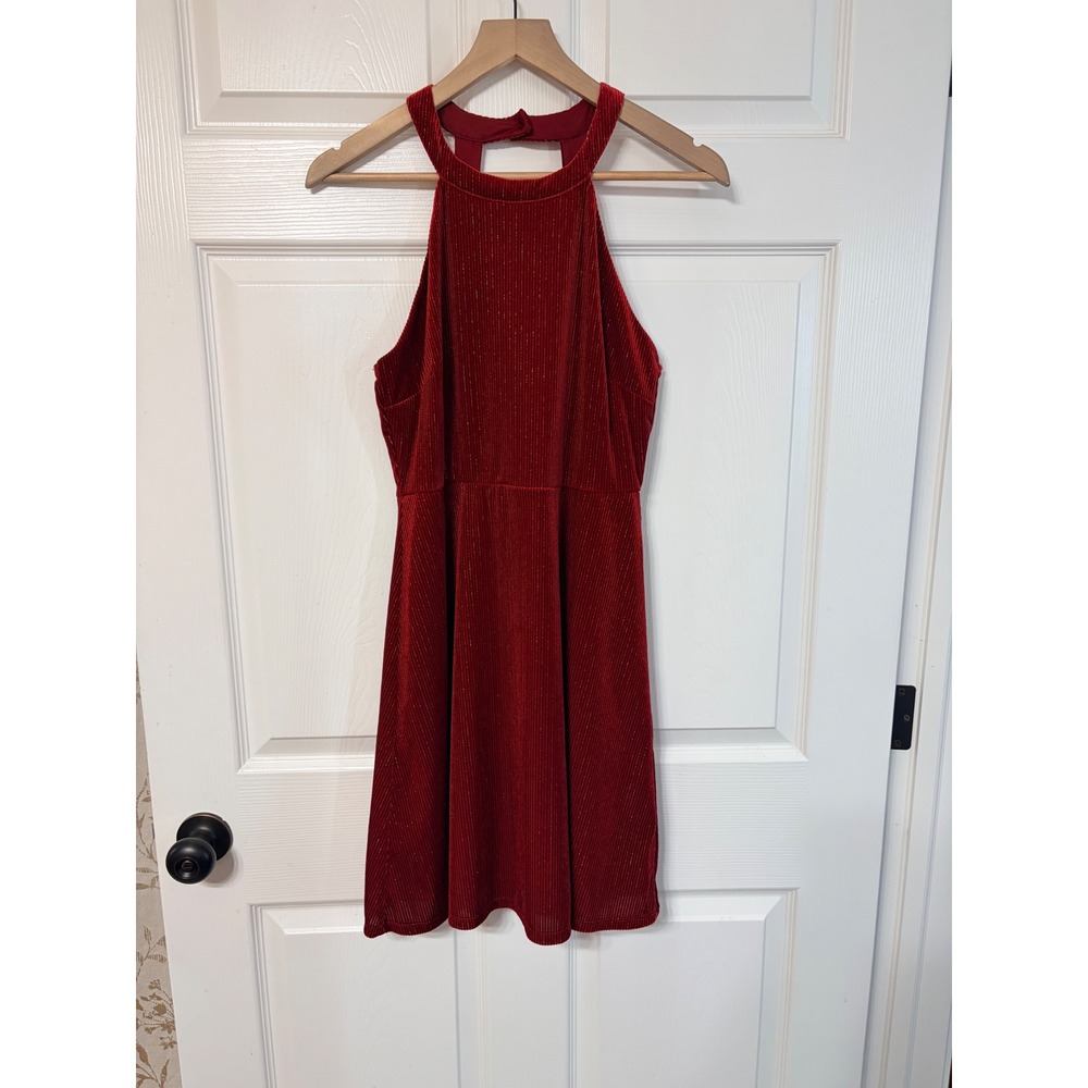 LIVE TO BE SPOILED Red Ribbed Metallic Halter Neck‎ Mini Dress XL